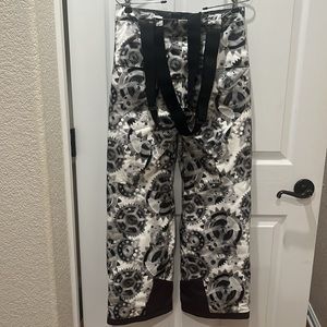 Spyder Black White Gray Gear-Print Kids Snow Pants with Suspenders